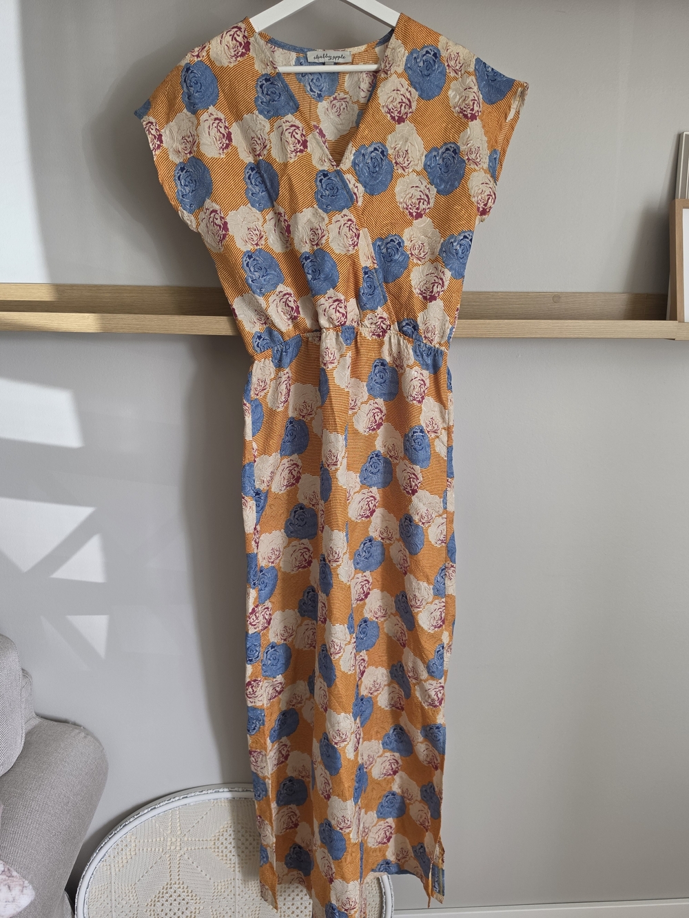 Shabby Apple Orange Maxi Dress with Blue and Cream Floral Print